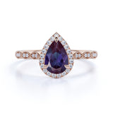 Bezel Halo 1.50 Carat Pear Shape Lab Created Alexandrite and Diamond Marquise Dot Art Deco Engagement Ring