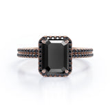 Pave Style - 1.75 TCW Emerald Cut Lab Created Black Diamond - Halo Setting Wedding Ring Set in White Gold