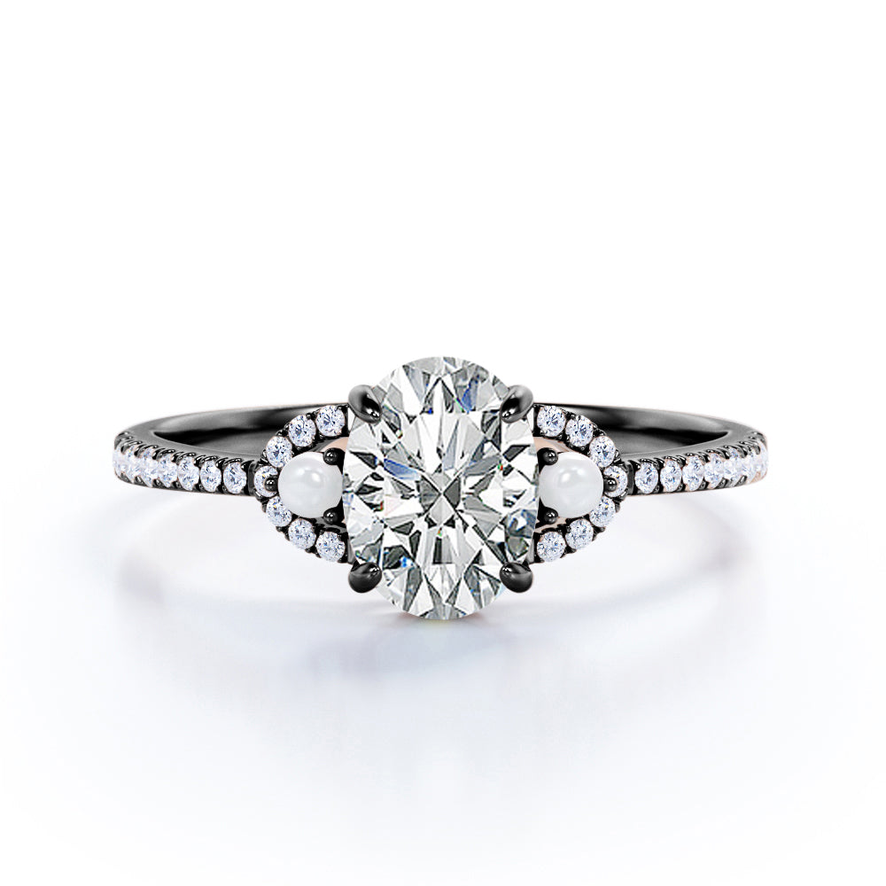 Crescent Accents 0.8 carat Oval Moissanite, Pearl and Diamond Engagement Ring in White Gold