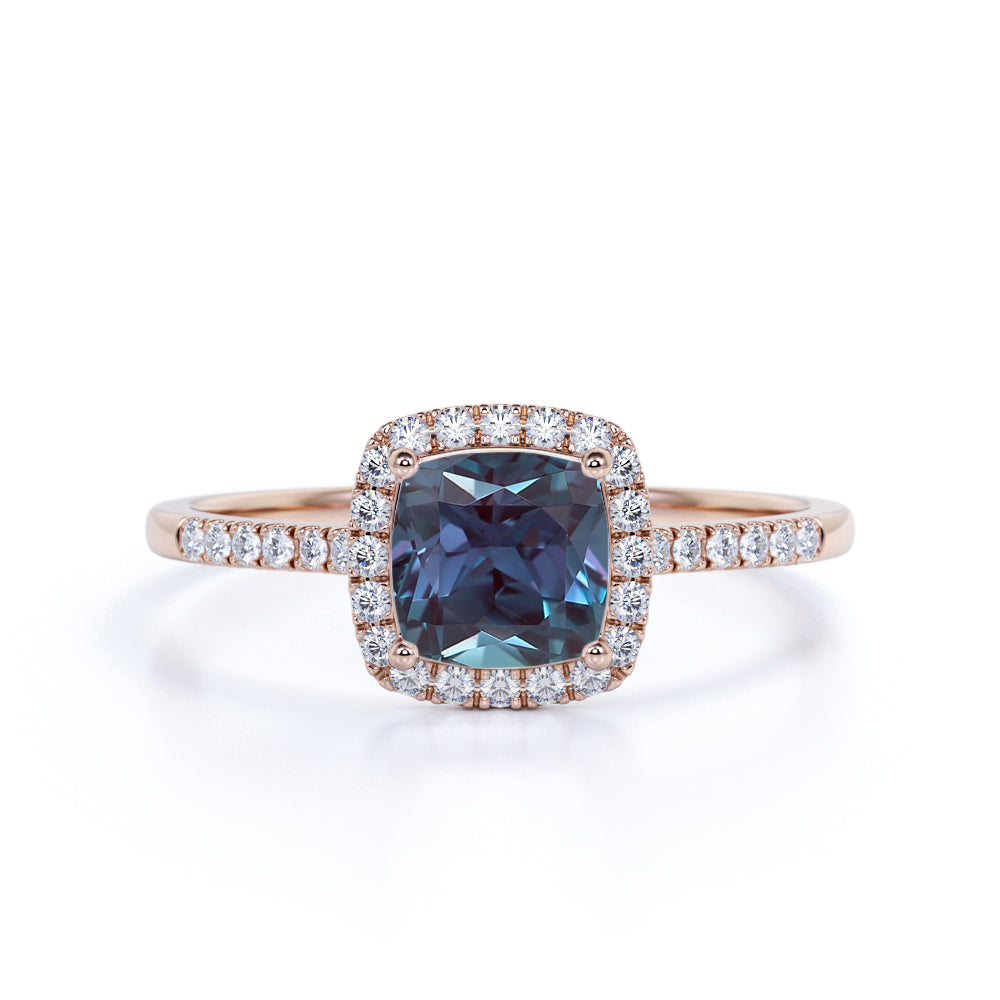 Pave 1.50 Carat Cushion Cut Lab Alexandrite and Diamond Halo Classic Engagement Ring for Women
