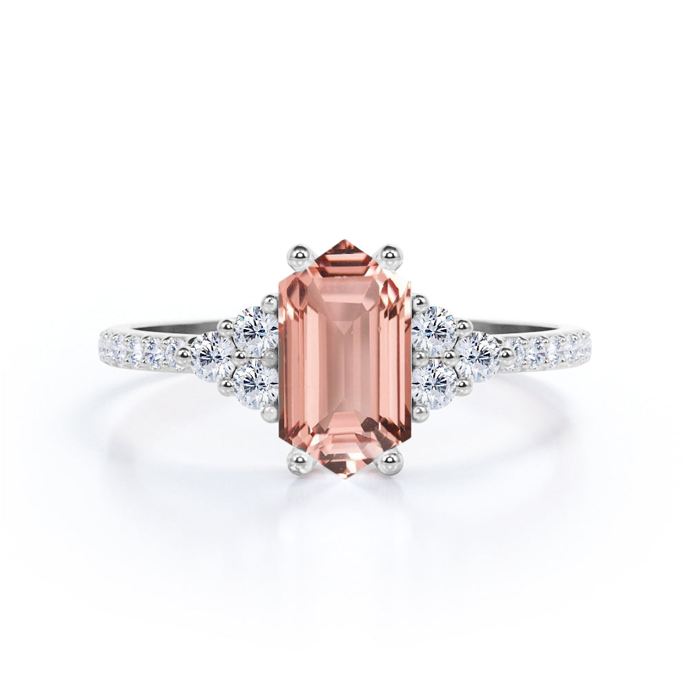 Paved 1 carat Hexagon Morganite and Moissanite Classic Engagement Ring in Black Gold