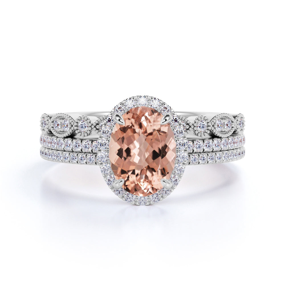 Handmade 2 Carat Oval Cut Peach Morganite and Diamond Trio Bridal Ring Set in 10k Rose Gold Elegant Ring