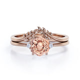 Artistic Petite Leaf 0.55 carat Hexagon Morganite and Moissanite Minimal Bridal Ring Set in Rose Gold