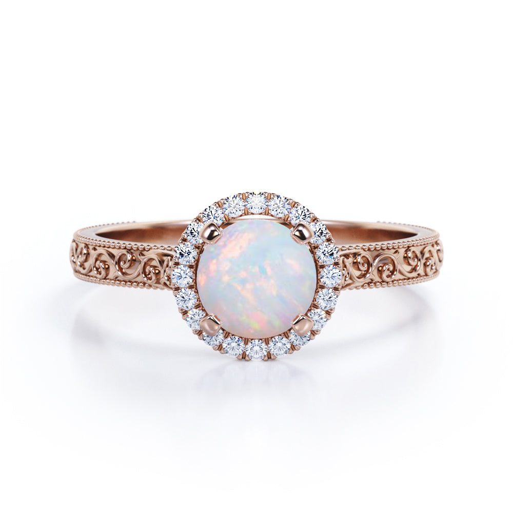 Art Deco 1.25 Carat Round Cut Genuine Opal And Diamond Halo Engagement Ring In White Gold