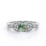 Floral Pattern 1.35 Carat Round Cut Green Moss Agate And Diamond Beaded Art Deco Engagement Ring In White Gold