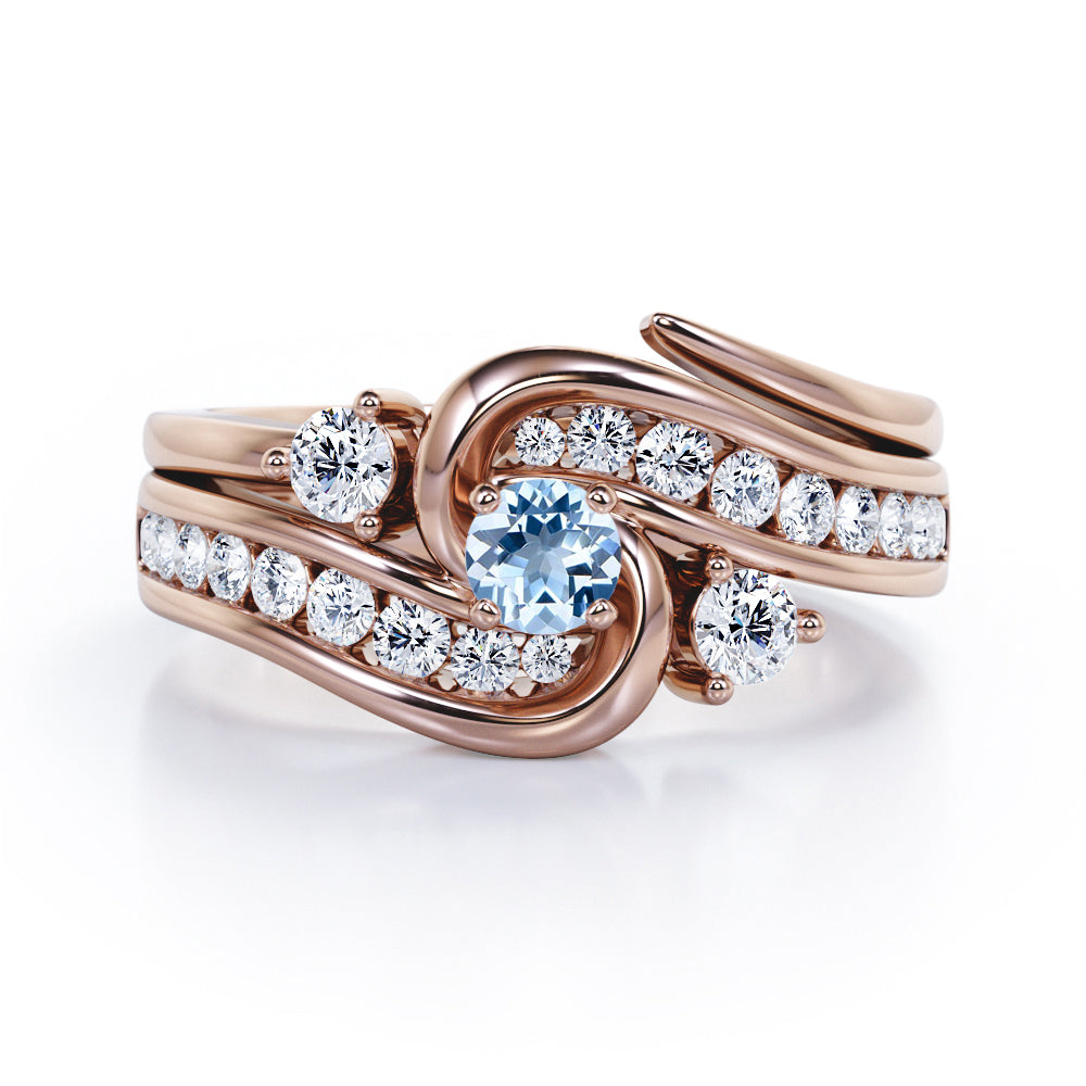 Twisted Tension - Prong 1 TCW Round Brilliant Cut Aquamarine and Moissanite - Flush Channel Wedding Set in White Gold