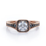 Double Prong Cluster - 1.4 TCW Round Moissanite with Lab Created Black Diamond - Filigree Pave Channel Engagement Ring in Rose Gold
