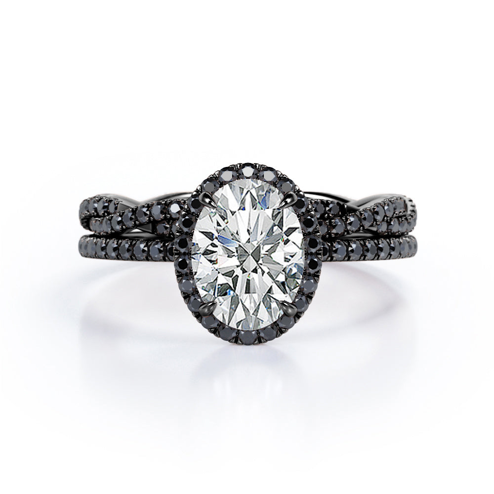 Four-Prong Halo 1.75 TCW Oval-Shaped Moissanite with Lab Created Black Diamond Pave Twisted Eternity Bridal Set in White Gold