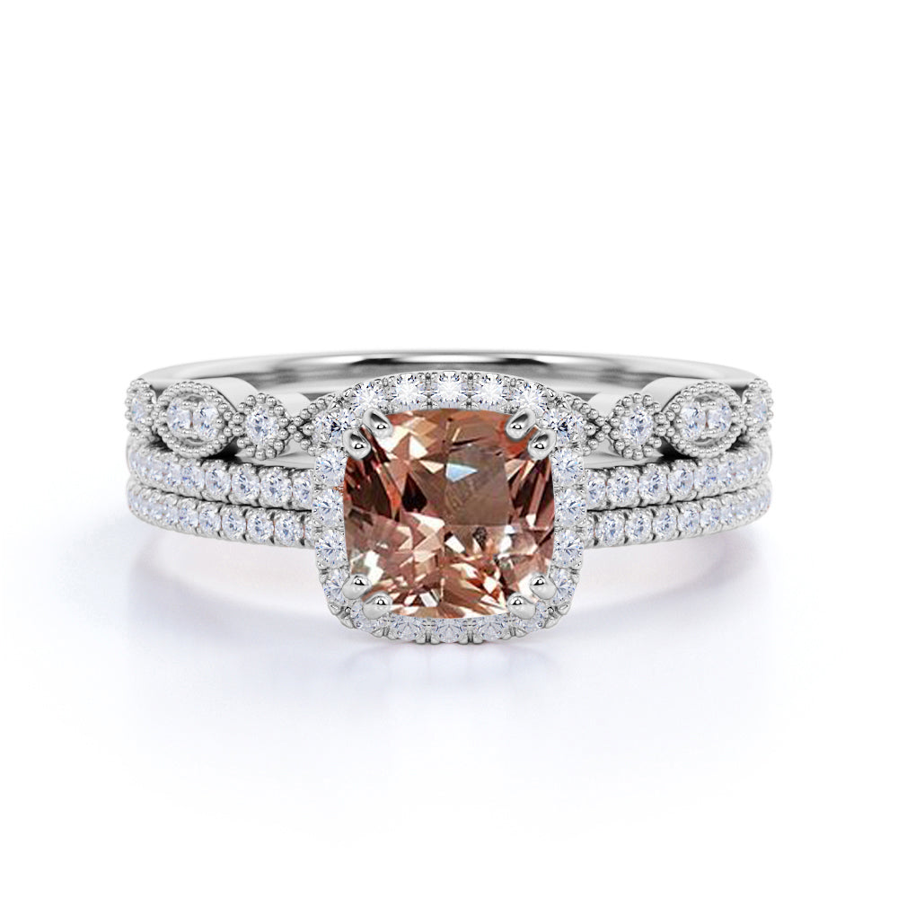Halo 2 ct Cushion Morganite Vintage Trio Wedding Ring Set