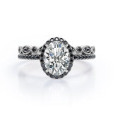 1.65 TCW Oval Cut Moissanite with Lab Created Black Diamond - Milgrain Filigree - Scalloped Pave Bridal Ring Set in White Gold