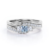 3 Stone Shared Prong - 1 TCW Princess Cut Aquamarine and Moissanite - Pave Curved Shank Wedding Set - White Gold