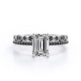 Milgrain Filigree - 1.55 TCW Emerald Cut Moissanite with Lab Created Black Diamond - Pave Accented Bridal Ring Set  in White Gold