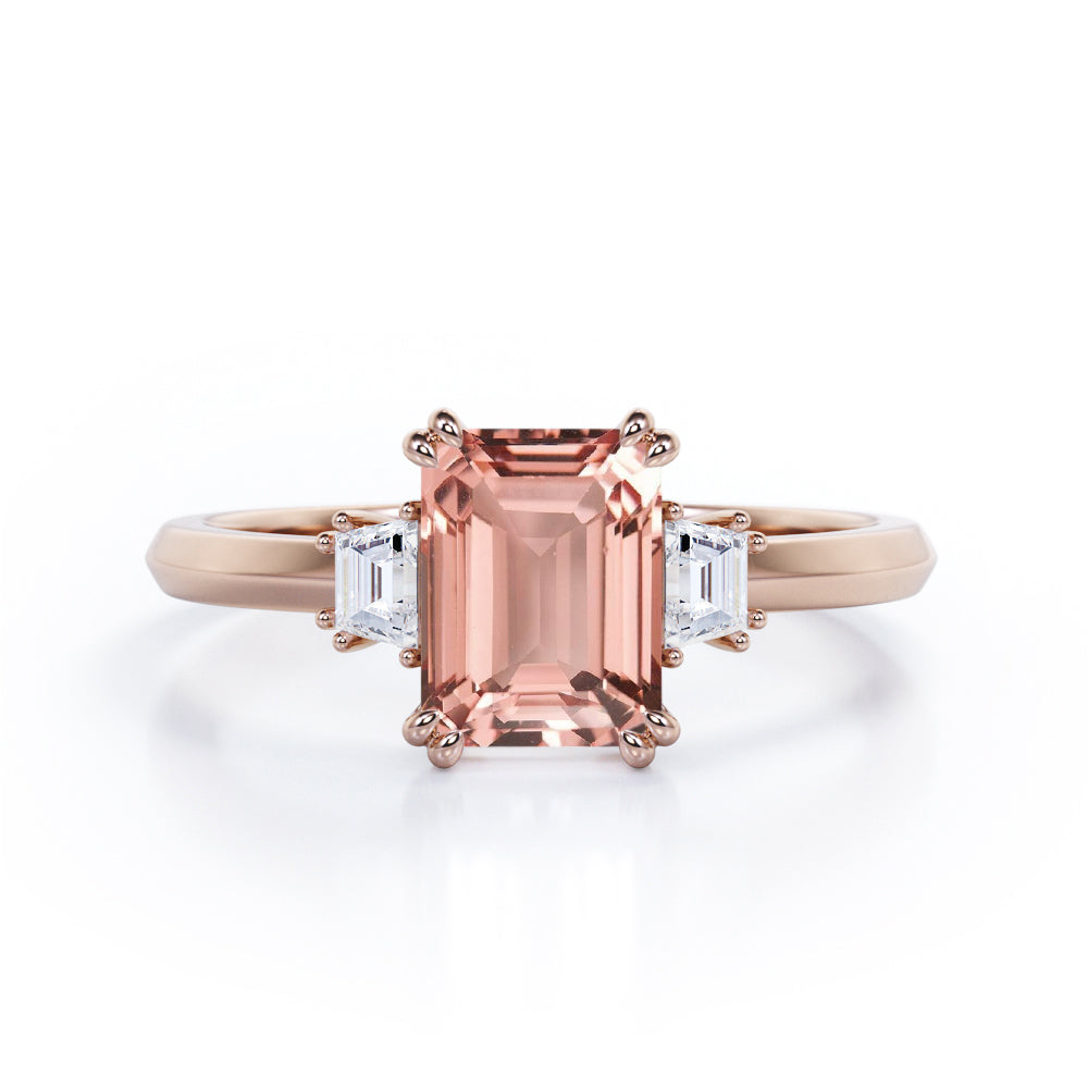 Eight Prongs 1.10 Carat Emerald Cut Morganite And Diamond Three Stone Engagement Ring In White Gold