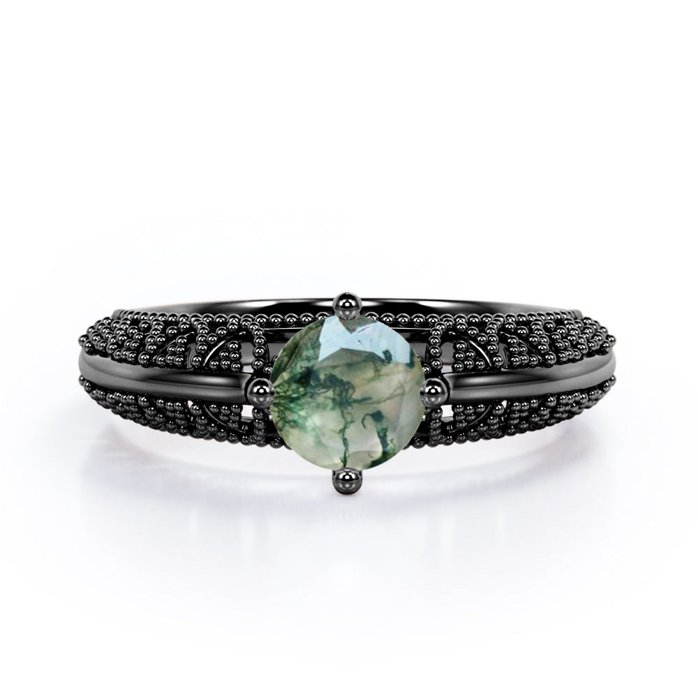 Beaded Art Deco 1 Carat Round Cut Green Moss Agate Solitaire Engagement Ring In White Gold