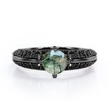 Beaded Art Deco 1 Carat Round Cut Green Moss Agate Solitaire Engagement Ring In White Gold
