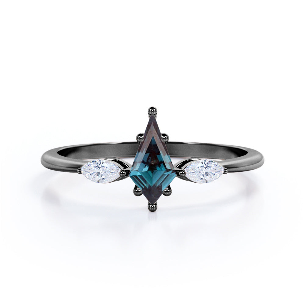 Trillion Six Prong 1 Carat Kite Shaped Lab Created Alexandrite And Diamond Three Stone Basket Set Engagement Ring In White Gold
