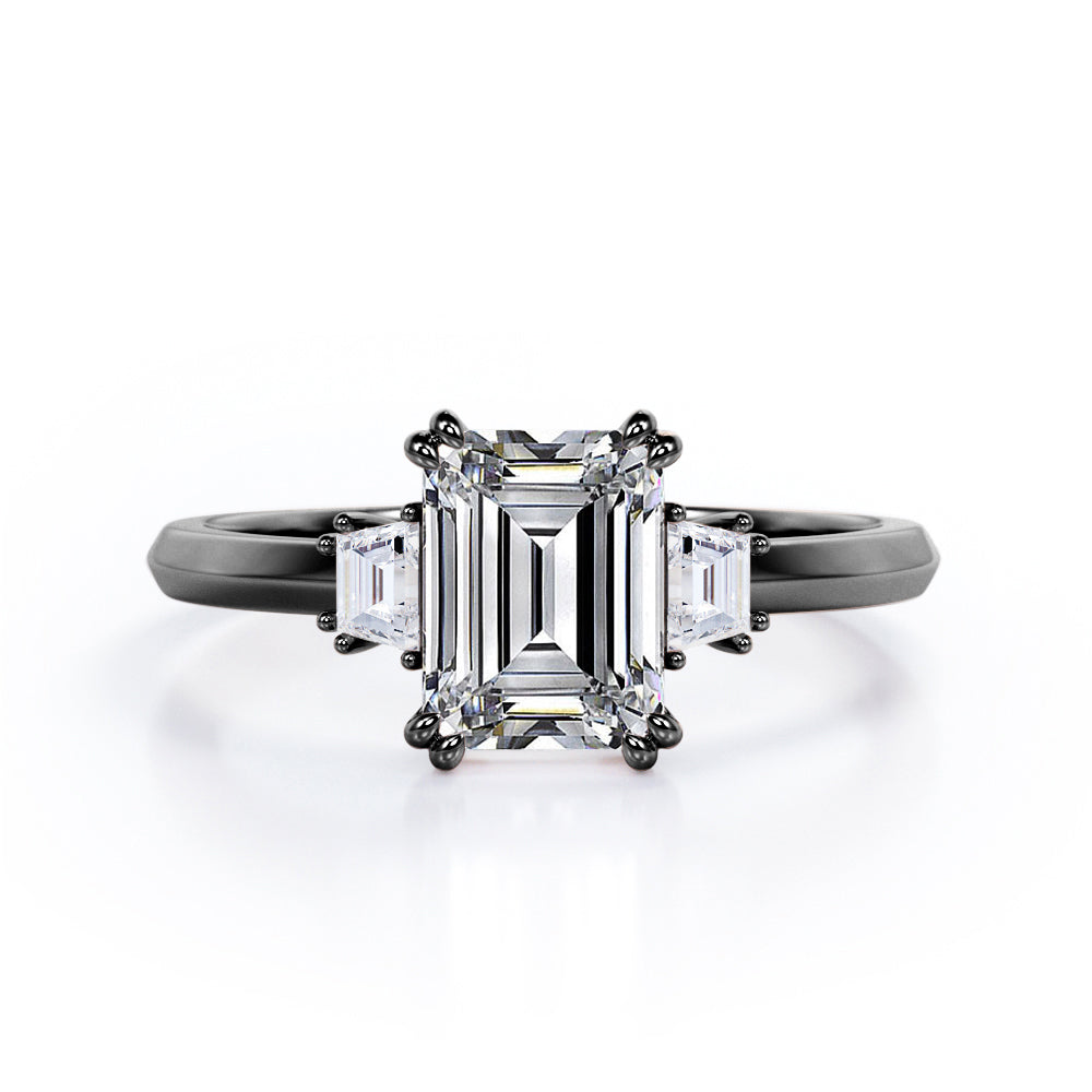 Eight Prongs 1.10 Carat Emerald Cut Moissanite And Diamond Three Stone Engagement Ring In Rose Gold