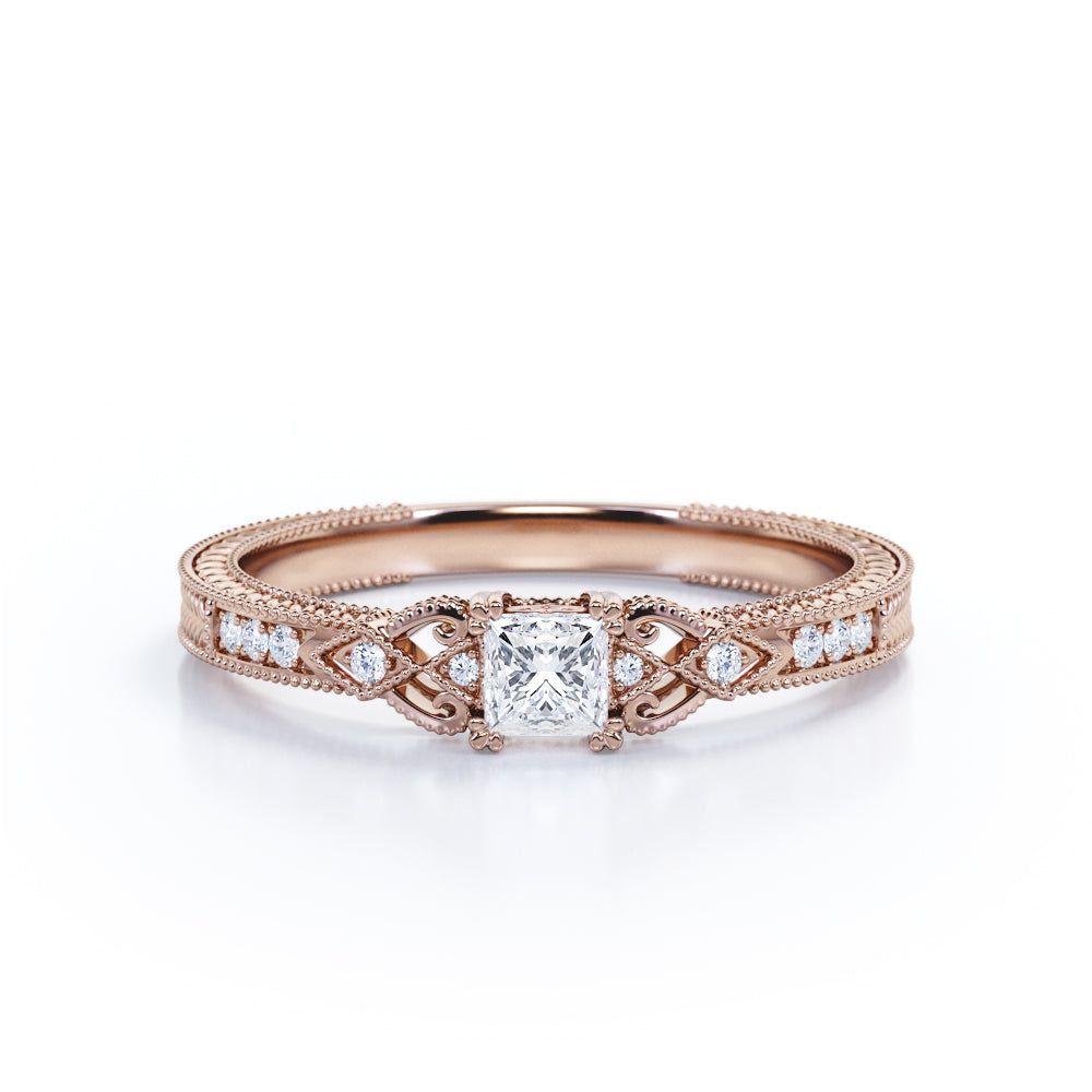 0.35 Carat Princess Cut Diamond Vintage Milgrain Engagement Ring In White Gold