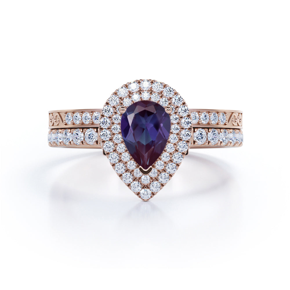 Vintage 1.65 Carat Pear Cut Lab Created Alexandrite Art Deco Wedding Ring Set In White Gold