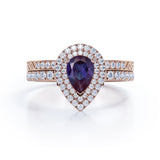 Vintage 1.65 Carat Pear Cut Lab Created Alexandrite Art Deco Wedding Ring Set In White Gold