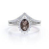 Modern Intricate Snowflake Cluster 1.50 Carat Oval Cut Solid Dendritic Black Brown Rutilated Quartz and Diamond Pave Curved Band Wedding Ring Sets for Her