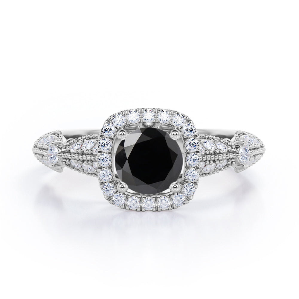 Vintage Milgrain 1.35 Carat Round Cut Black Diamond Halo Engagement Ring In Rose Gold