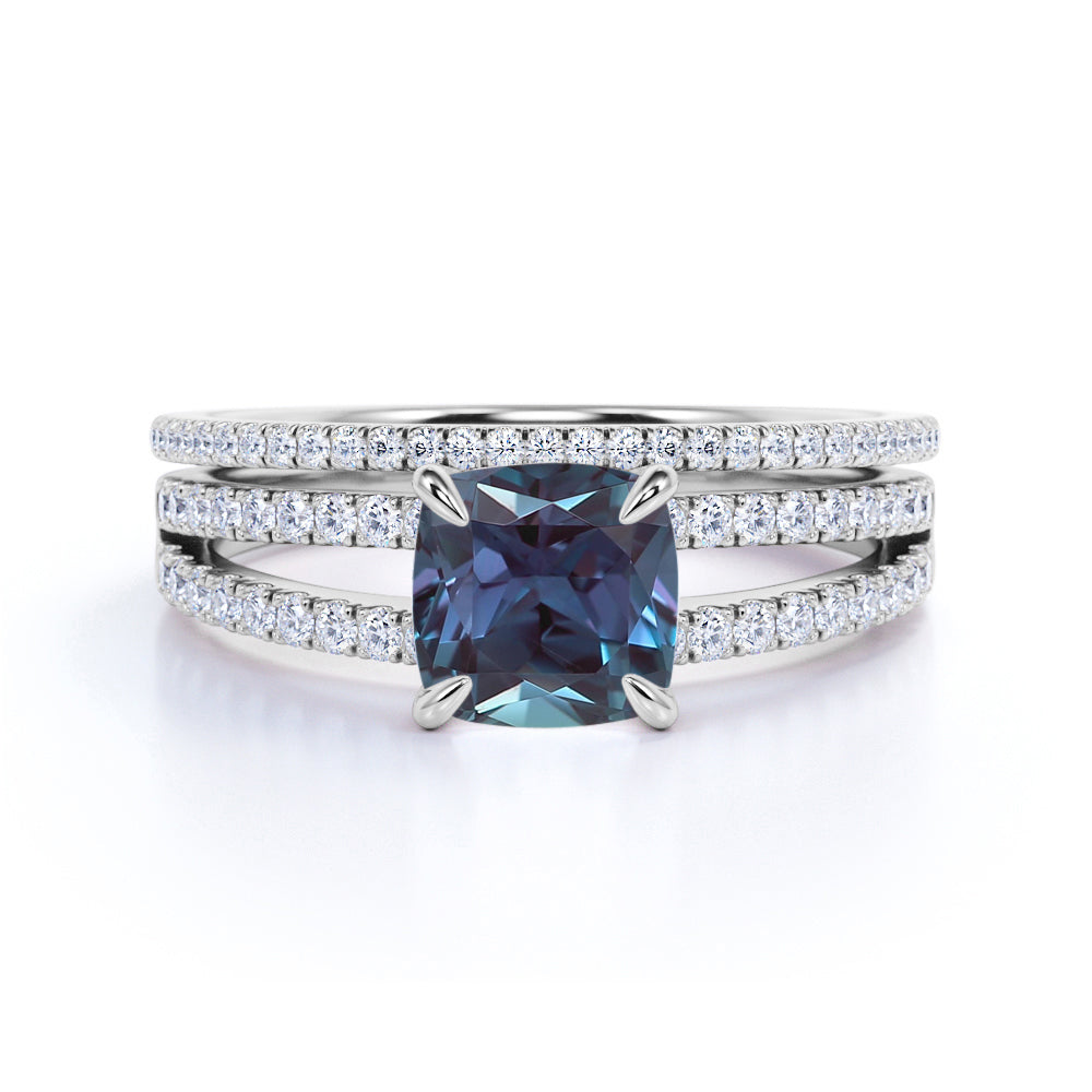 Split Shank Solitaire 1.75 Carat Cushion Cut Man Made Alexandrite and Diamond Pave Bridal Set Rings