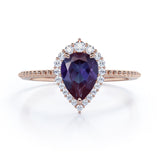 Vintage Beaded 1.35 Carat Tear Drop Lab Created Alexandrite And Diamond Halo Engagement Ring In White Gold