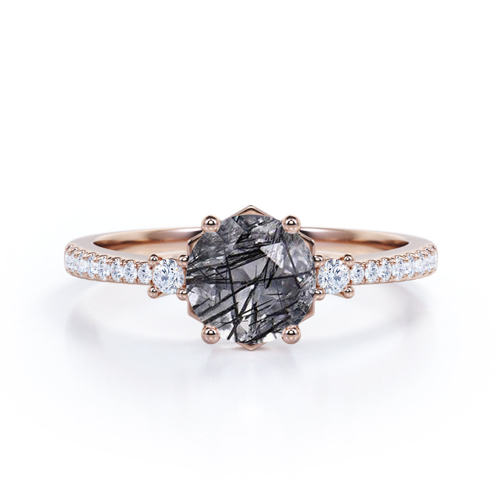 1.35 ct Round Black Rutilated Quartz Pave Engagement Ring