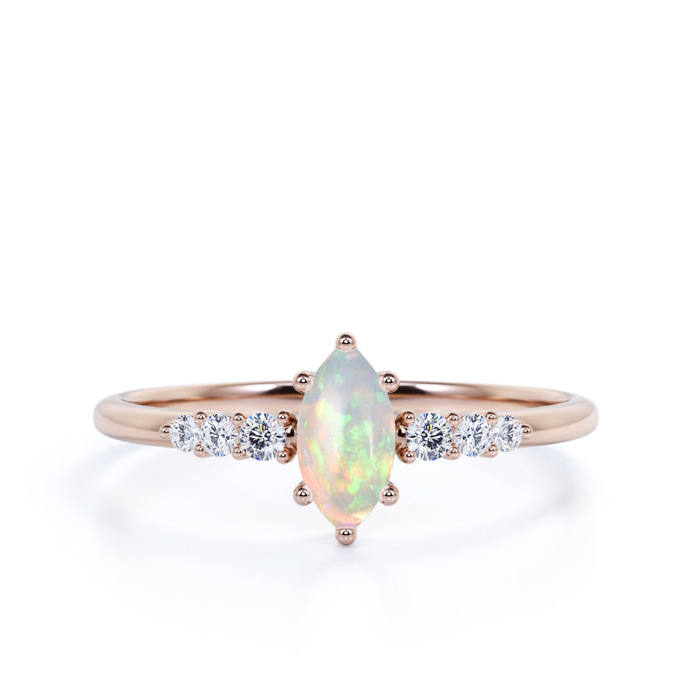 Pave 0.6 Carat Marquise Cut White Opal and Diamond 6 Prong Engagement Ring in White Gold