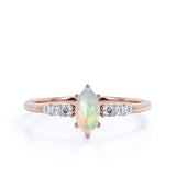 Pave 0.6 Carat Marquise Cut White Opal and Diamond 6 Prong Engagement Ring in White Gold