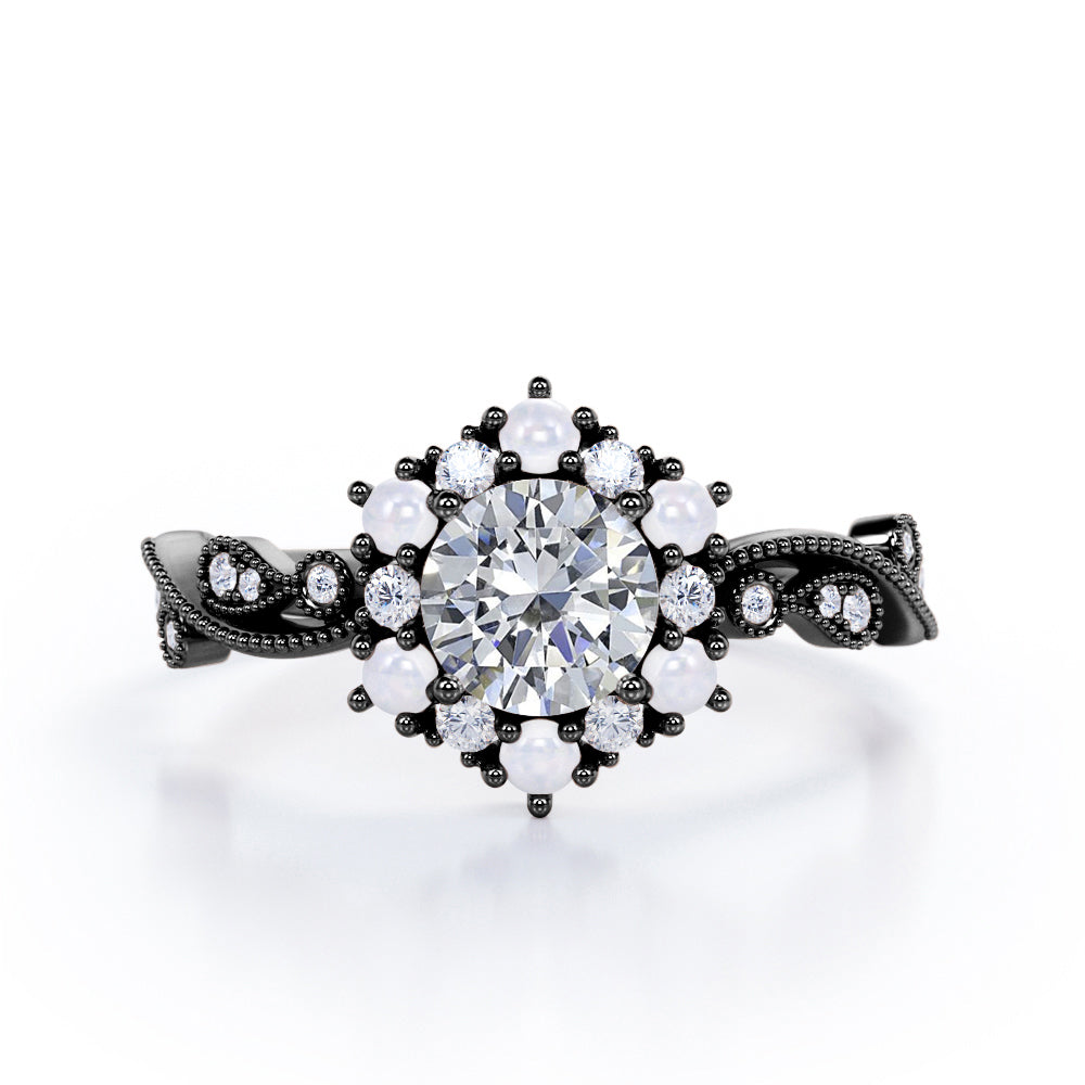 Floral Halo 0.7 carat Round Moissanite and Diamond Engagement Ring in White Gold