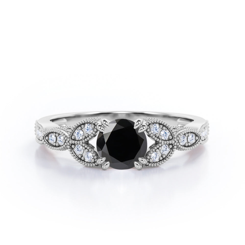 Sharp Eight Claws 1.35 Carat Round Cut Black Diamond Beaded Leaf Art Deco Engagement Ring In Rose Gold