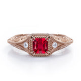Vintage Milgrain 1.10 Carat Princess Cut Lab Ruby And Diamond Sharp Eight Claws Art Deco Engagement Ring In Rose Gold