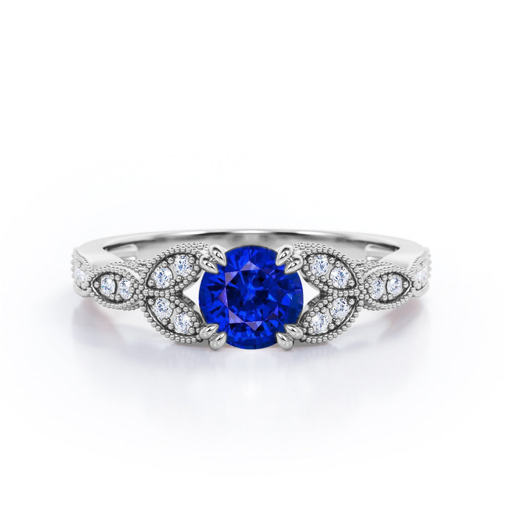 Floral Pattern 1.35 Carat Round Cut Sapphire And Diamond Beaded Art Deco Engagement Ring In Rose Gold
