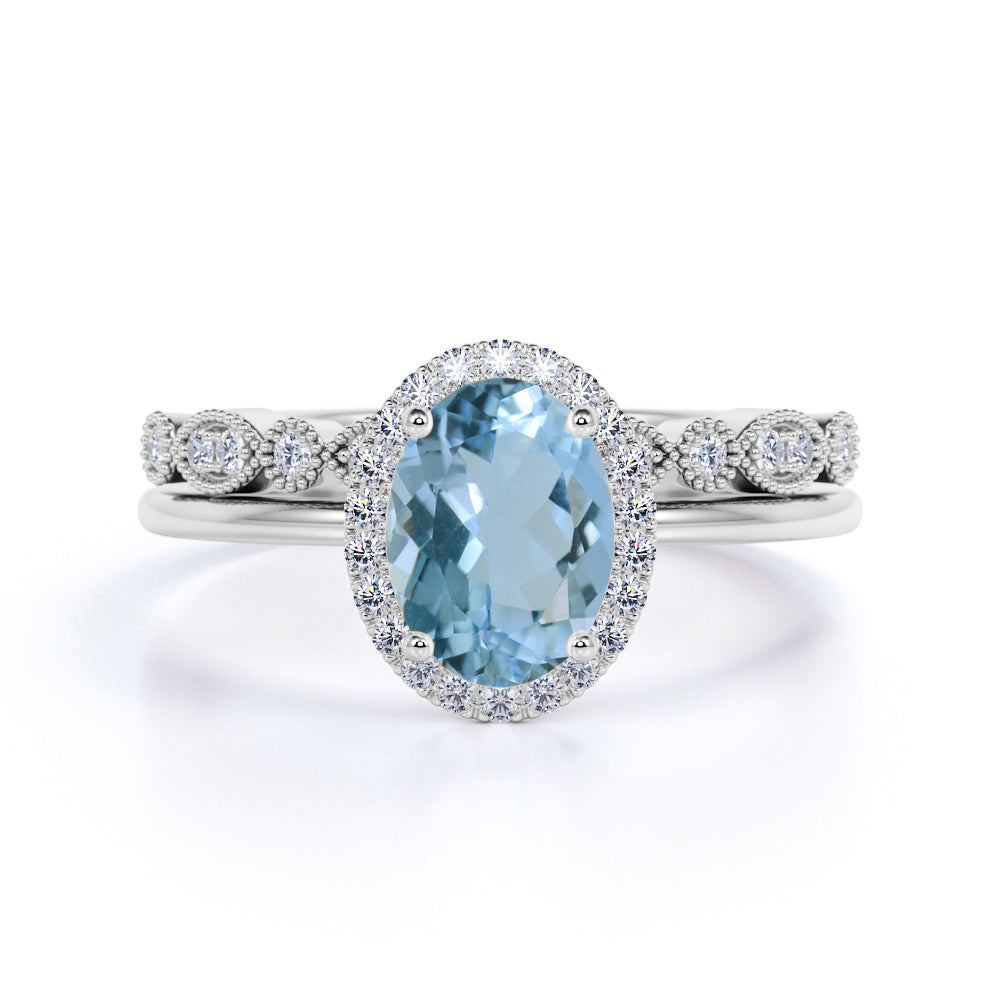 Antique Style 1.50 Carat Oval Shape Aquamarine and Vintage Semi Eternity Diamond Halo Bridal Wedding Ring Set in Rose Gold