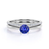 Perfect 1.25 Carat Round cut Sapphire and Diamond Bridal Ring Set in White Gold