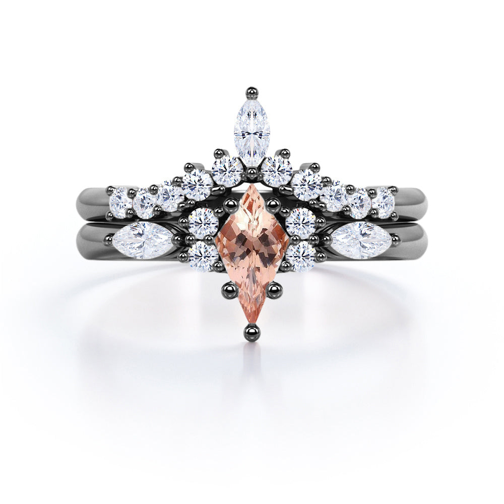 7 Stone Ring - 0.65 carat Kite Morganite and Moissanite Bridal Ring Set in Rose Gold