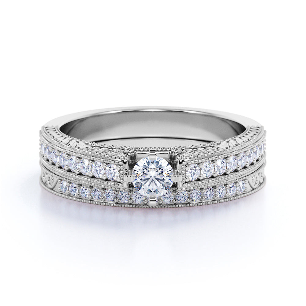 Beautiful Filigree Pave Set 1.25 ct TDW Round Cut Diamond Wedding Set Rings - Bridal Set Rings - in Black Gold