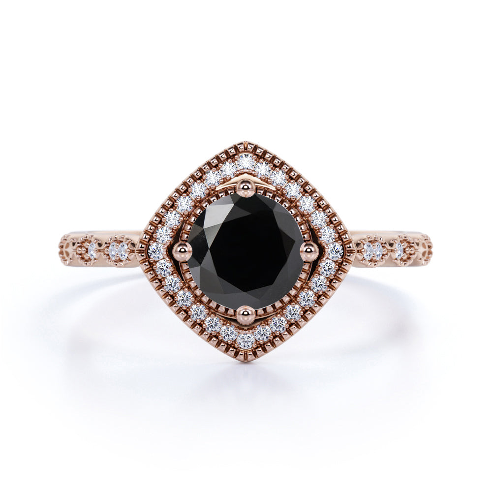 Vintage Art Deco 1.50 Carat Round Lab Grown Lab Black Diamond and Best Engagement Ring in White Gold