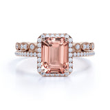 1.50 Carat Emerald Cut Real Morganite Bridal Set in 18k Rose Gold over Silver with Art Deco Band