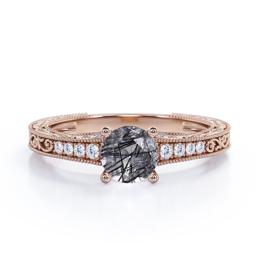 Vintage 4 Prong 1.25 Carat Round Cut Druzy Black Rutilated Quartz And Diamond Art Deco Style Engagement Ring In White Gold