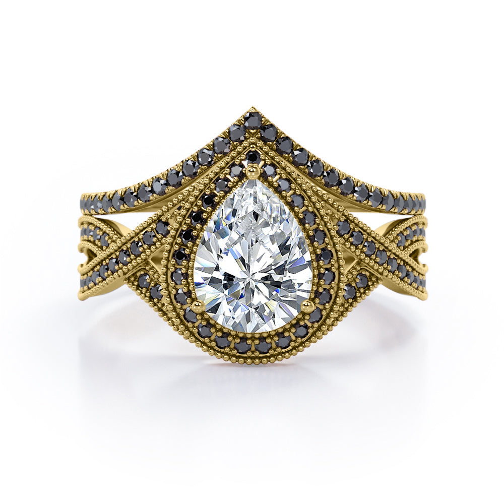 Milgrain Halo-Style 1.75 TCW Pear Cut Moissanite with Lab Created Black Diamond Pave Channel Wedding Ring Set in Black Gold