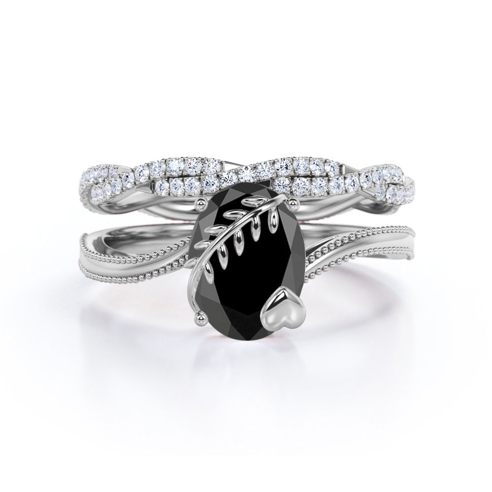 1.50 ct Oval Lab Black Diamond Leaf Vine Bridal Set