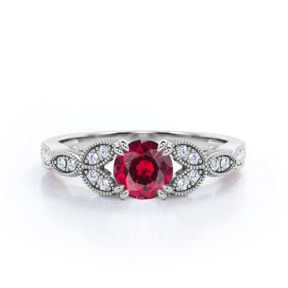 Floral Pattern 1.35 Carat Round Cut Lab Ruby And Diamond Beaded Art Deco Engagement Ring In Rose Gold