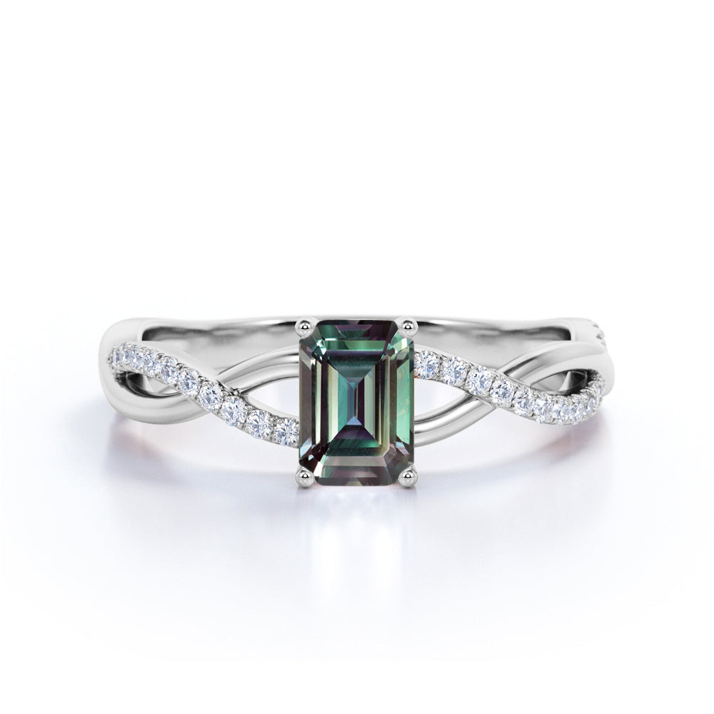 Twisted Infinity Solitaire 0.75 Carat Emerald Cut Lab Created Green Alexandrite and Semi Eternity Diamond Pave Engagement Ring in Rose Gold for Women