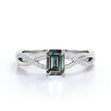 Twisted Infinity Solitaire 0.75 Carat Emerald Cut Lab Created Green Alexandrite and Semi Eternity Diamond Pave Engagement Ring in Rose Gold for Women