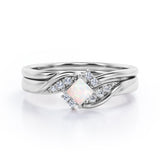 Petite Pave-Channel - 0.55 TCW Rhombus Princess Cut Opal and Moissanite - Prong Tensioned Wedding Ring Set - Rose Gold