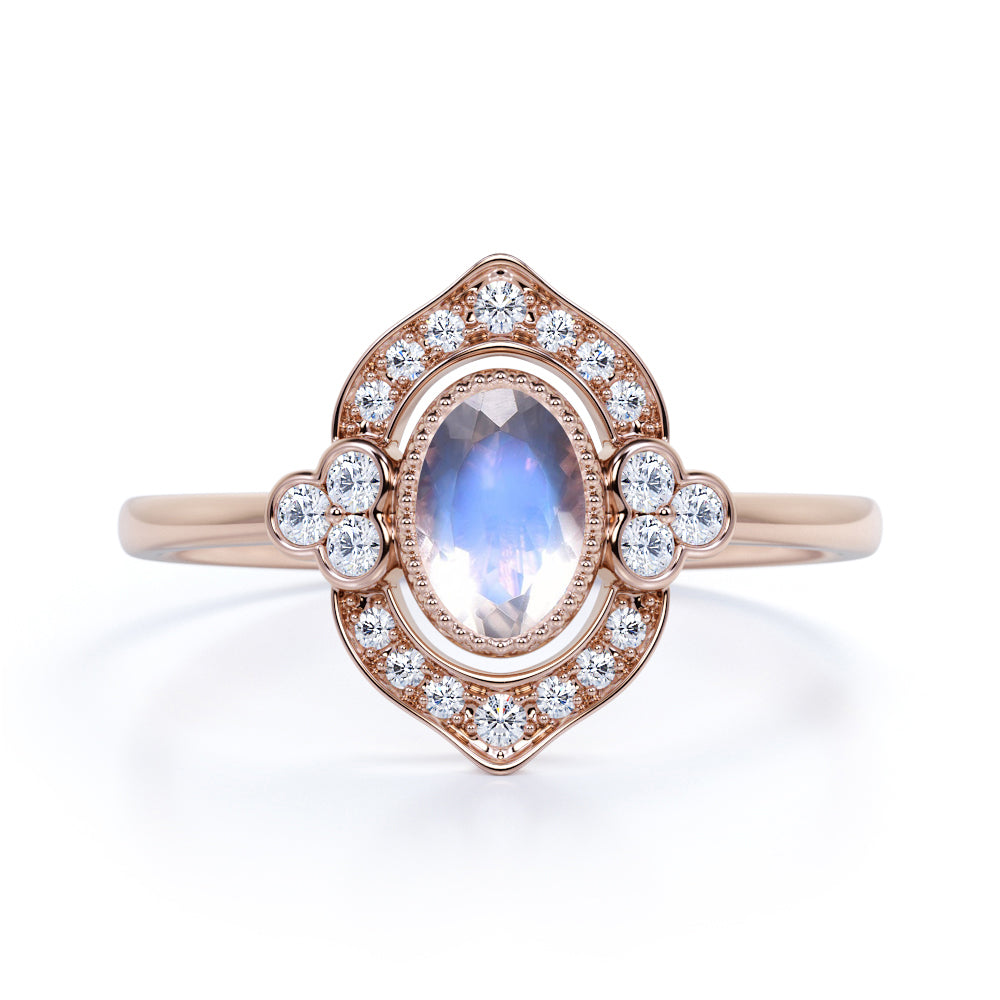 Huge 1.50 Carat Oval Shaped Blue Moonstone and Diamond Antique Engagement Ring in White Gold