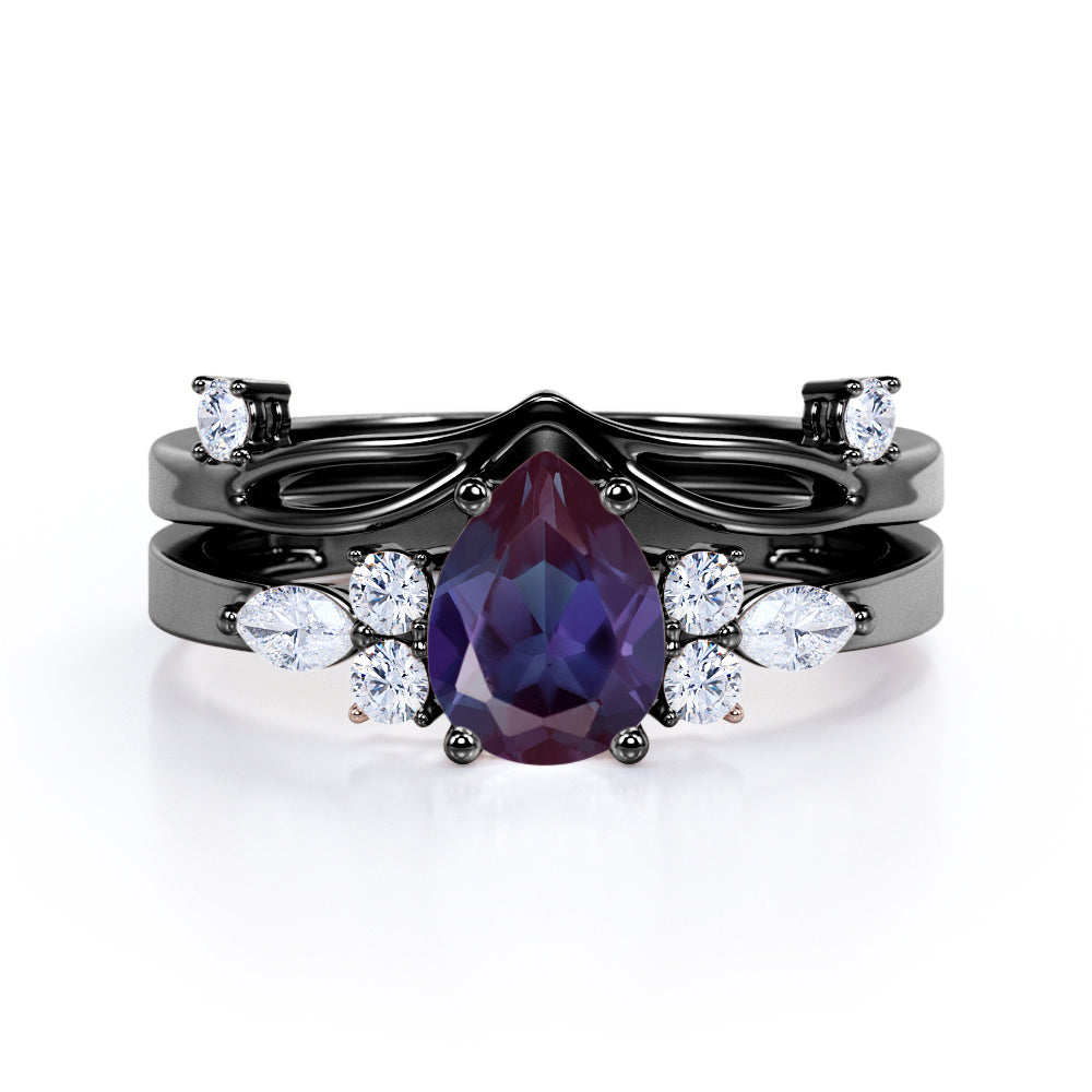 Seven Stone 1.50 Carat Pear Cut Lab Created Alexandrite  And Diamond  Basket set Bridal Set In White Gold